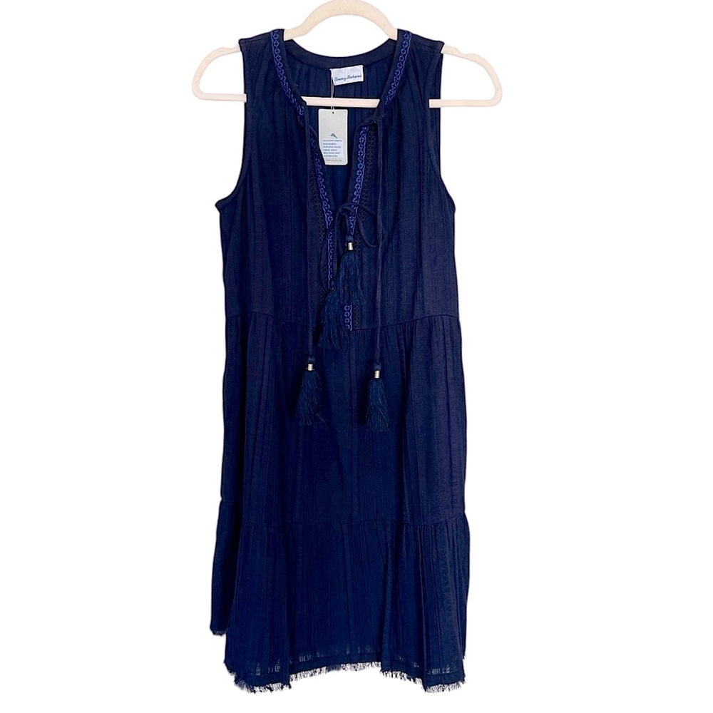 Tommy Bahama Navy Sleeveless Tiered Mini Dress with Tassel Tie